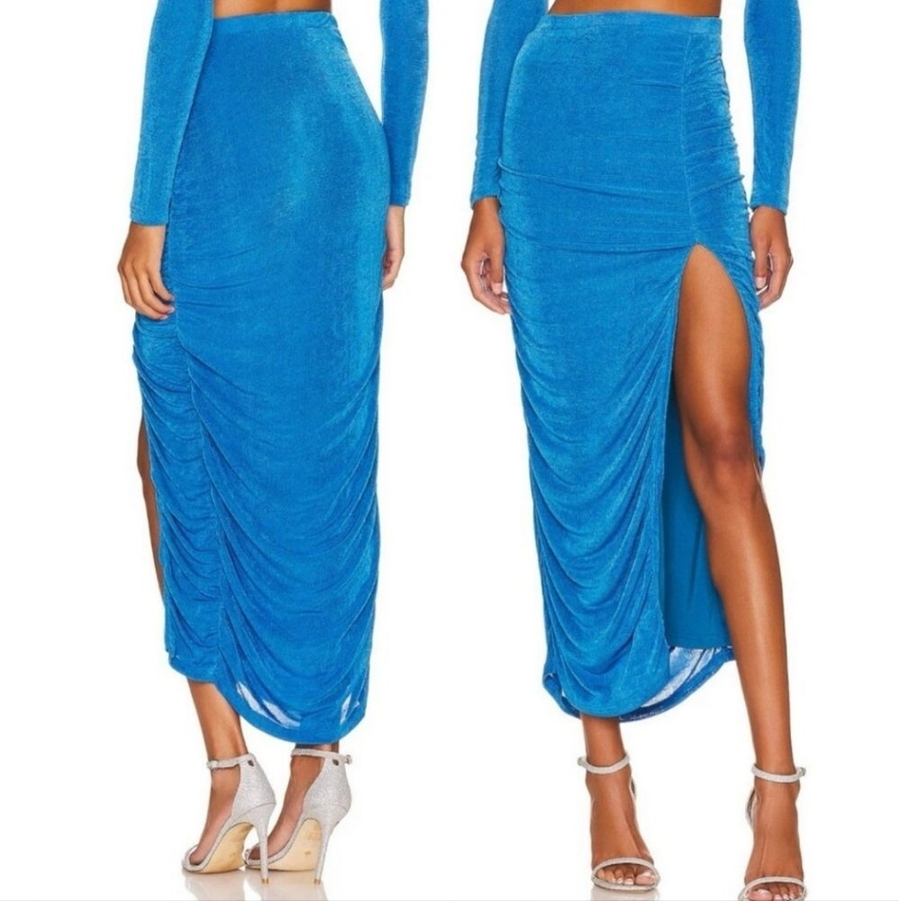 Blue Ruched Maxi Skirt with Side Slit